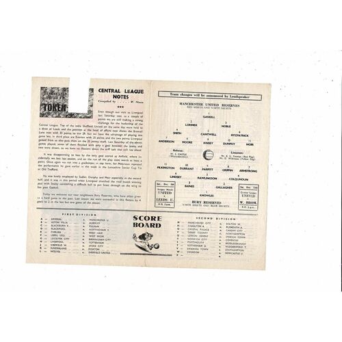 Manchester United v Bury Central League Football Programme 1964/65