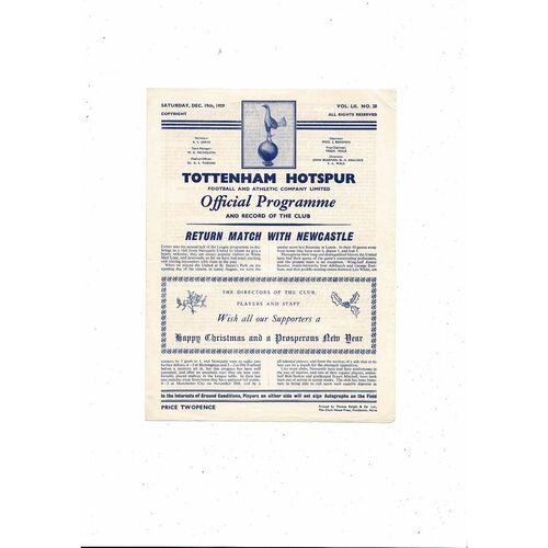 1959/60 Tottenham Hotspur v Newcastle United Football Programme