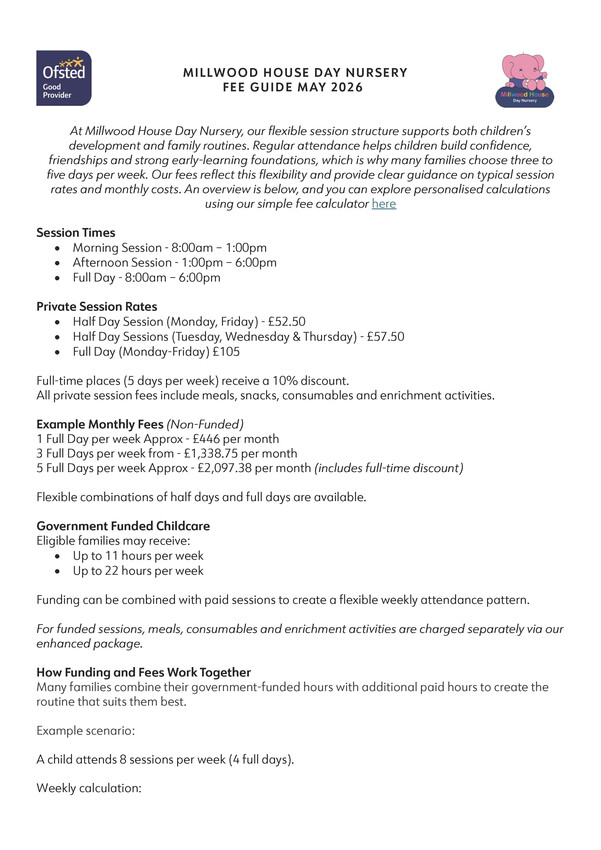 Pricing Calculator and Fee Sheet  | Millwood House Day Nursery | Private &amp;amp; Family-Owned Since 1991 | OFSTED Rated &amp;#039;Good&amp;#039; | Book a Tour