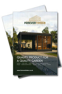 ForeverTimber brochure cover featuring a sleek, modern garden room with integrated sauna, set in a landscaped outdoor space—promoting luxury garden buildings and wellness retreats in Dorset.