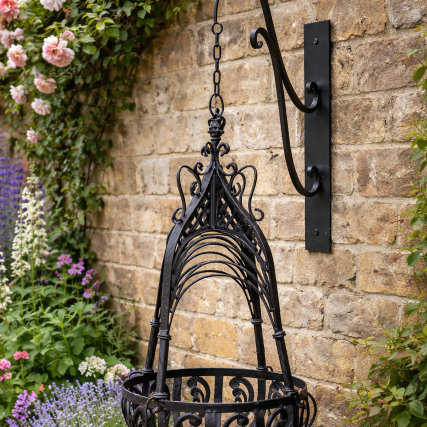 Large black metal hanging basket