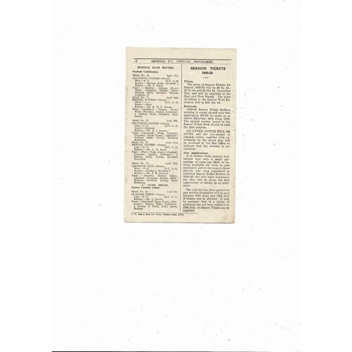 1948/49 Arsenal v Portsmouth Football Programme