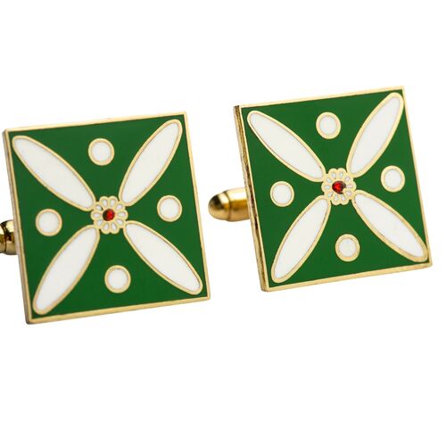 Cufflinks. The Persian Cross. White on Green with 1 Central Red Stone. Cufflinks.