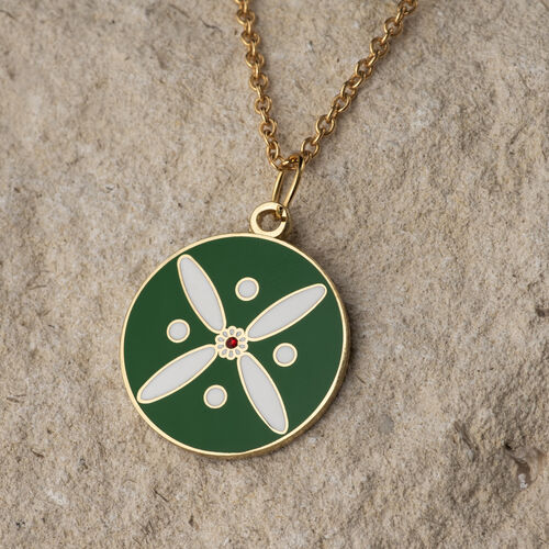 Round Pendant. The Persian Cross. White on Green  with 1 Central Red Stone.