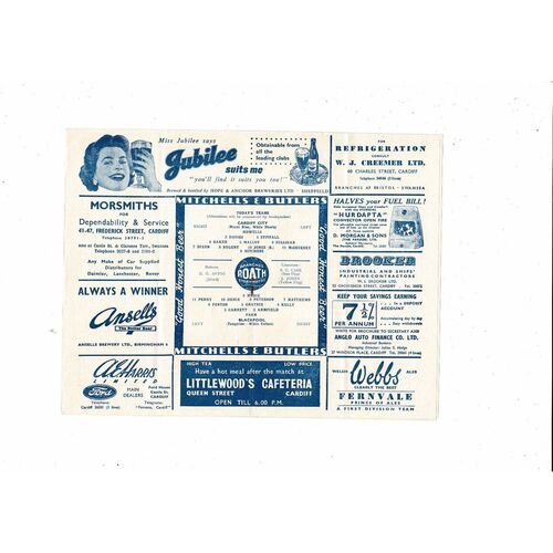 1956/57 Cardiff City v Blackpool Football Programme