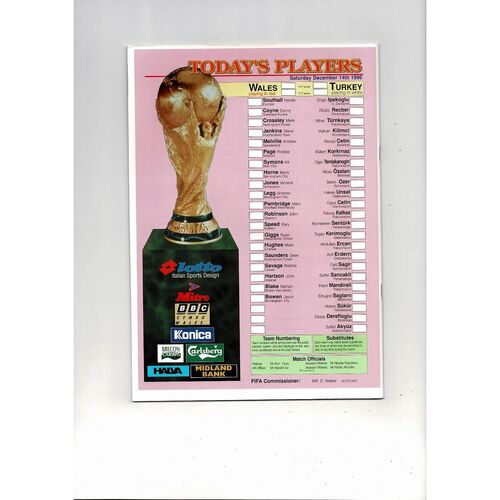 1996 Wales v Turkey World Cup Football Programme @ Eugene Cross Park, Ebbw Vale
