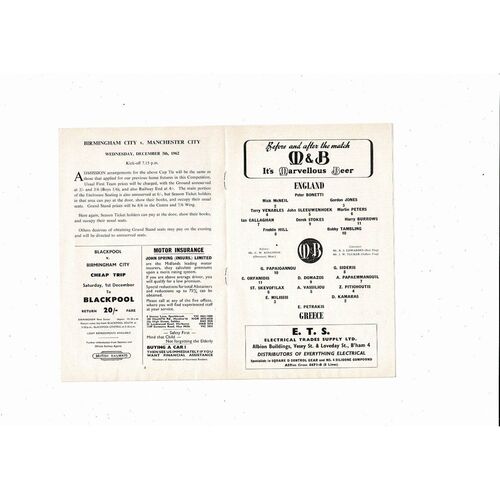 1962 England v Greece U23 Football Programme @ Birmingham City