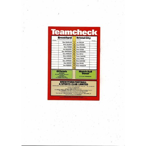 1981/82 Brentford v Bristol City Football Programme