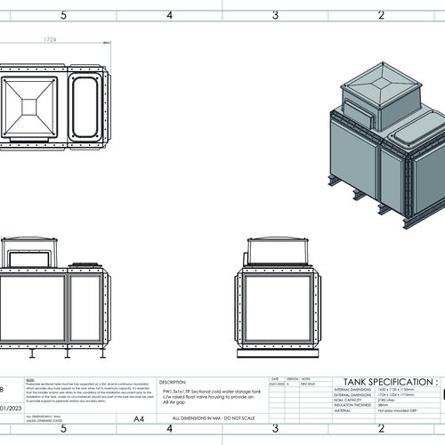 PW.1.5X1X1.TIF.AB - 2182 LITRE SECTIONAL WATER TANK, INTERNALLY FLANGED BASE (IFB) C/W FVH
