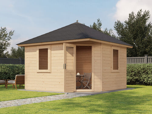 3.6mtr x 3.6mtr 44mm walled Pyramid Roof Cabin