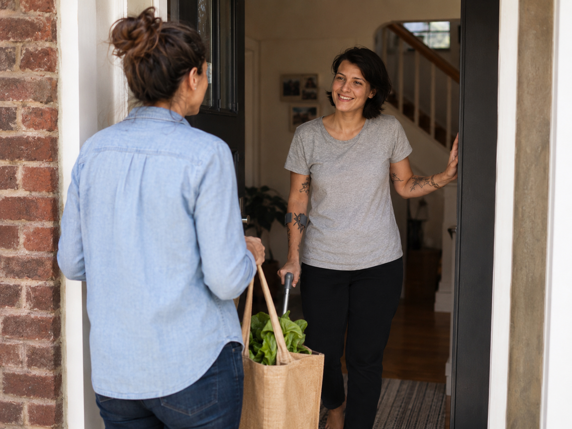 Plain-clothed support worker arriving at a client’s home with a bag of shopping, greeted warmly at the front door.