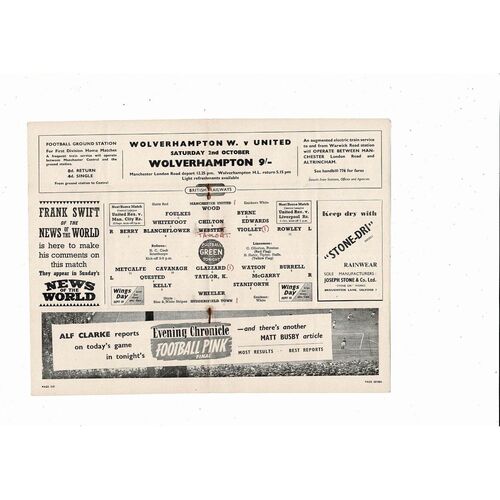 1954/55 Manchester United v Huddersfield Town Football Programme