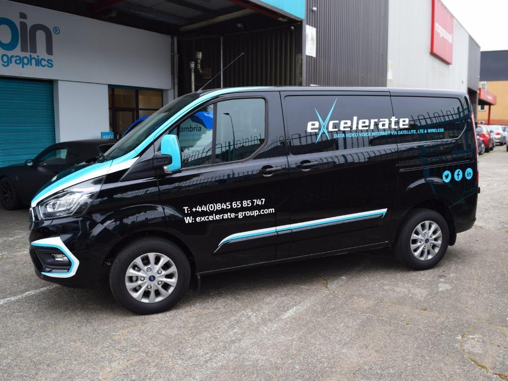 Vehicle vinyl graphics on company Ford Transit Custom van.