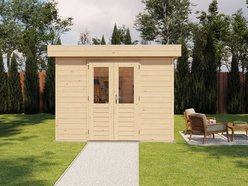 3.0mtr x 2.4mtr 28mm walled Flat Roof Cabin