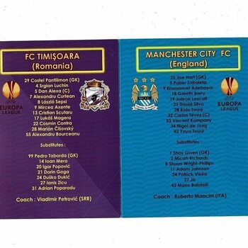 FC Timisoara v Manchester City Unofficial Europa League Play Off, 1st Leg Football Programme & Photocopied Team Sheet 2010/11