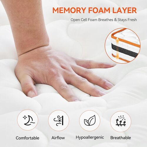 CozyLiving Hybrid Memory Foam and Spring Mattress, Double 4ft6 Breathable Memory Foam Mattress, Orthopaedic Comfort, Pressure Relief and Hypoallergenic
