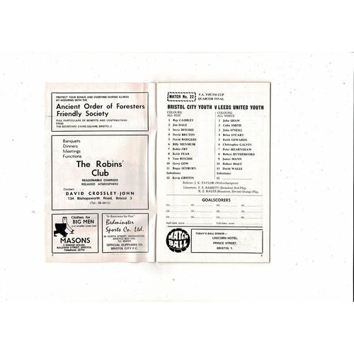 Bristol City v Leeds United FA Youth Cup Football Programme 1969/70