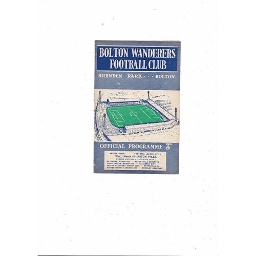 1958/59 Bolton Wanderers v Aston Villa Football Programme