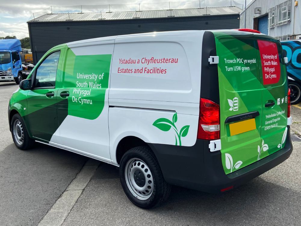 Mercedes-Benz eVito with University of South Wales branded partial livery and graphics.