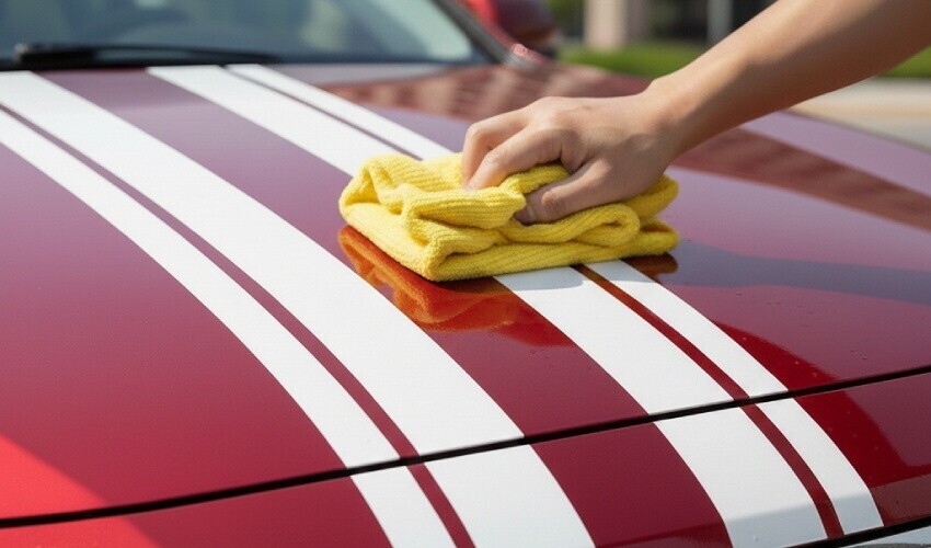 Using a microfibre cloth to gently pat dry white vinyl graphic stripes on a red car bonnet.
