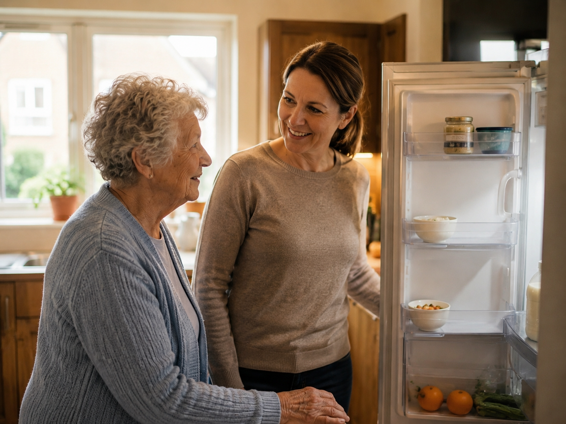 A home helper and older woman looking inside a fridge together, gently checking food and daily wellbeing in a bright kitchen.