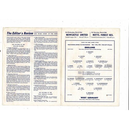 1961 England v West Germany U23 International Football Programme @ Spurs