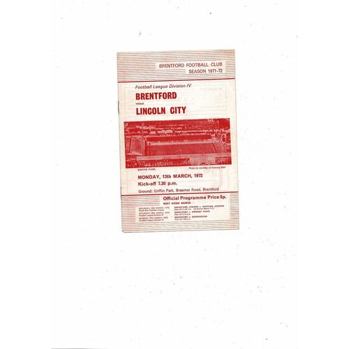 1971/72 Brentford v Lincoln City Football Programme