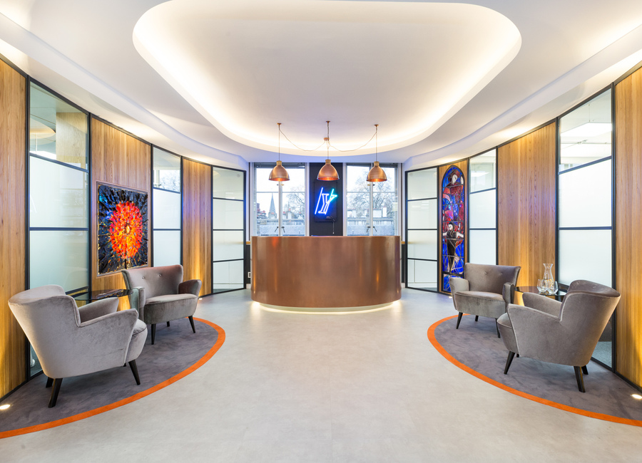 Copper Reception Desk Curved Neon Sign Offices Stained Glass 