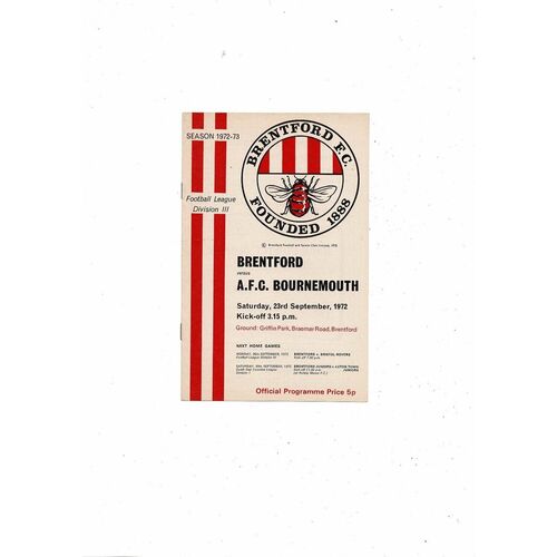 1972/73 Brentford v Bournemouth Football Programme
