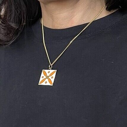 Pendant. The Persian Cross. Orange on White with 1 Central Green Stone.