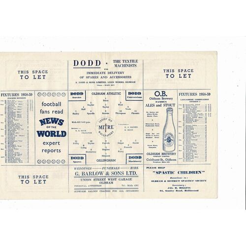 1958/59 Oldham Athletic v Gillingham Football Programme