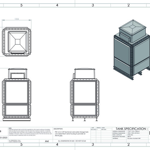 PW.1X1X1.5.TIF.AB - 2182 LITRE SECTIONAL WATER TANK, INTERNALLY FLANGED BASE (IFB) C/W FVH