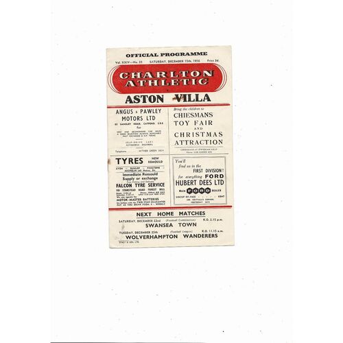 1956/57 Charlton Athletic v Aston Villa Football Programme