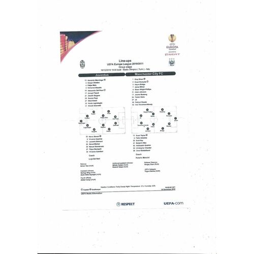Juventus FC v Manchester City Europa League Team Sheet 2010/11