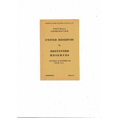 Oxford United v Brentford Football Combination Programme 1964/65