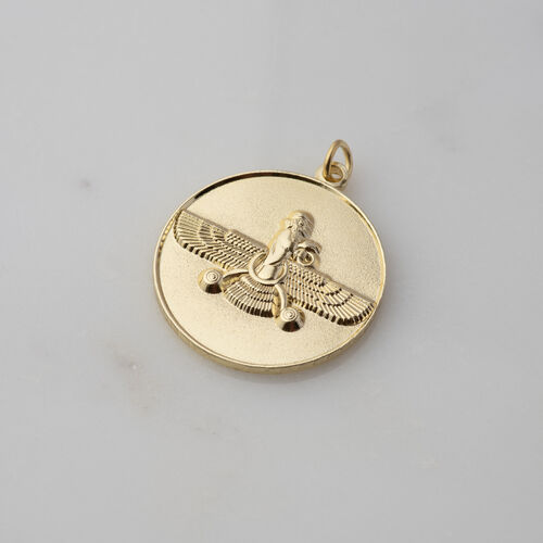 Round Pendant. Vintage Gold Finish Farvahar Design.
