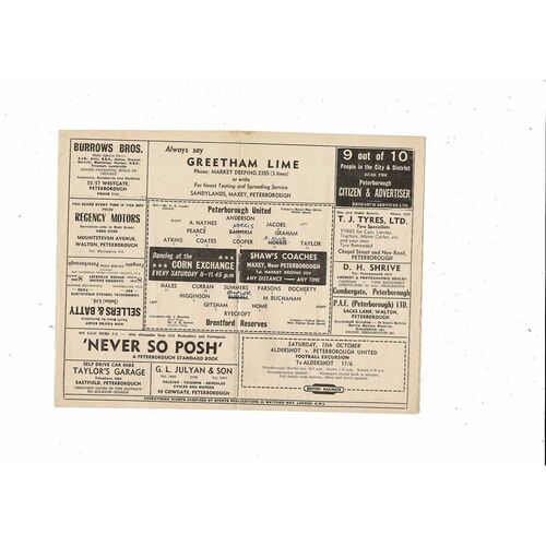 Peterborough United v Brentford Football Combination Programme 1960/61