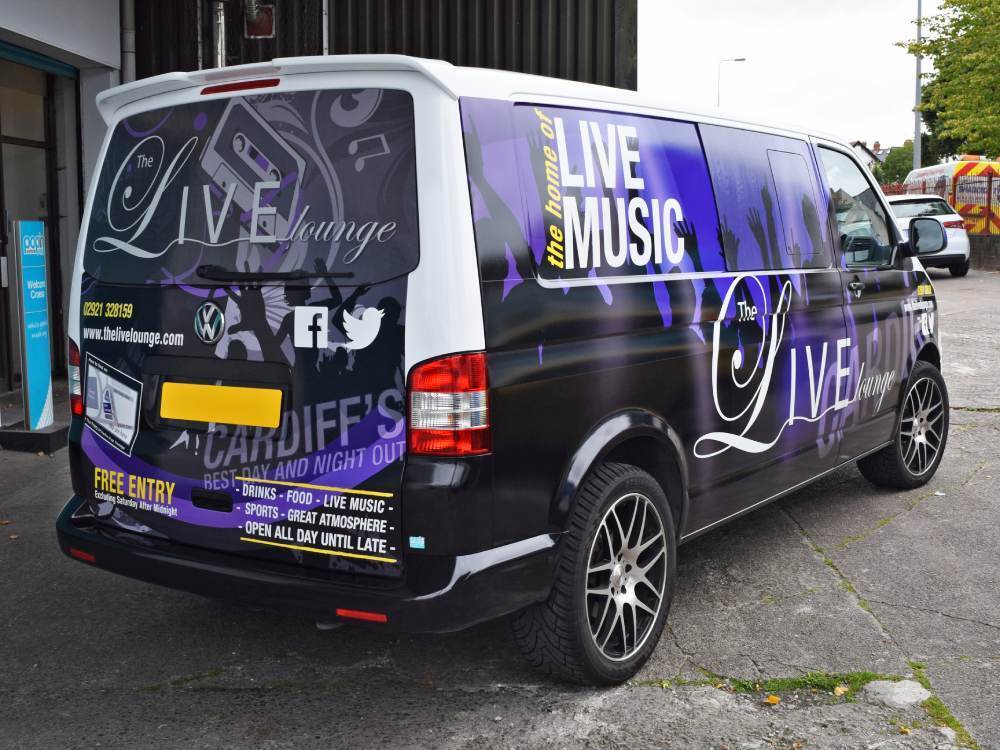 Live Lounge branded company van wrap on Volkswagen Transporter.