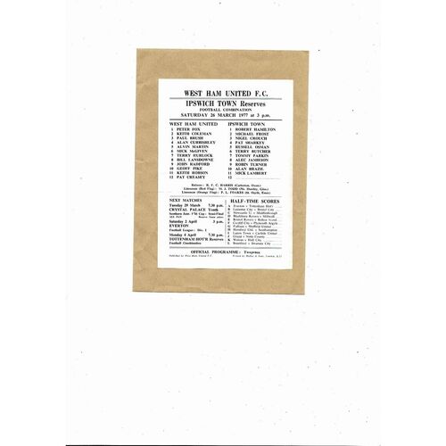 West Ham United v Ipswich Town Football Combination Programme 1976/77