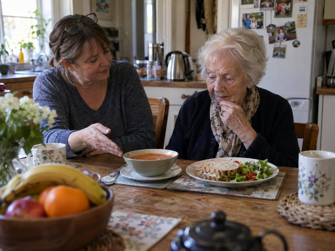 Older woman sitting at a kitchen table while a relative gestures towards a bowl of soup and a sandwich, offering two lunch choices.
