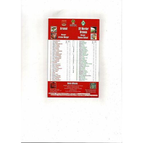 Arsenal v SV Werder Bremen UEFA Cup Football Programme 1999/00