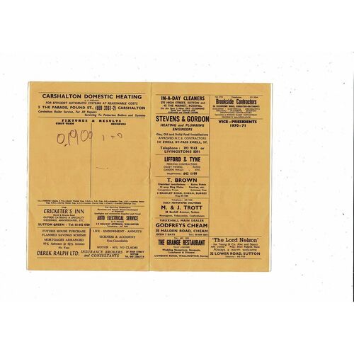 Sutton United v Chelsea Charity Match Football Programme 1970/71