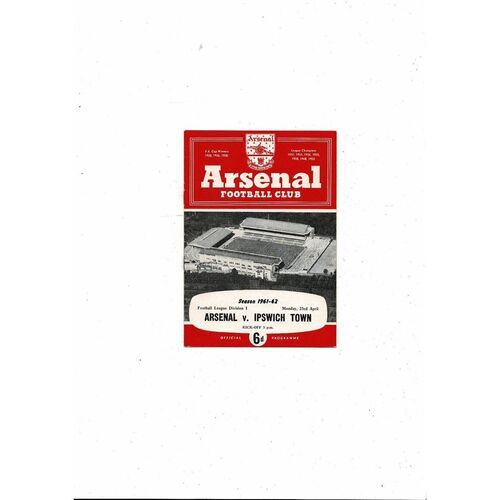 1961/62 Arsenal v Ipswich Town Football Programme