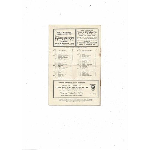 1953/54 Newport County v Aldershot Football Programme