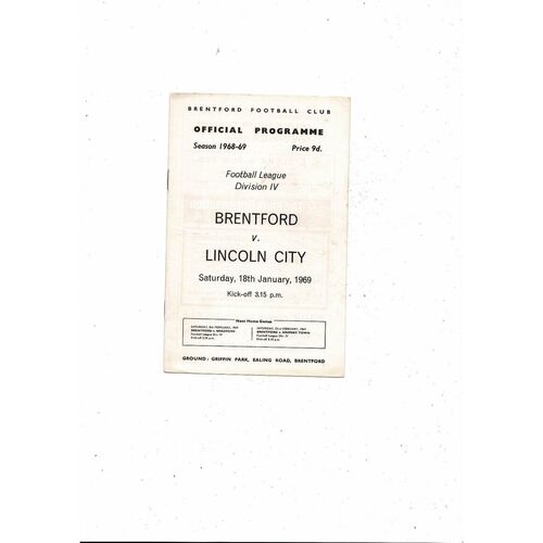 1968/69 Brentford v Lincoln City Football Programme