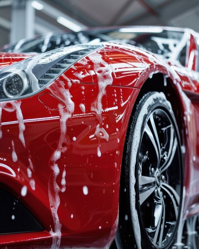 Soapy sponge ready for hand washing vinyl wrapped vehicle