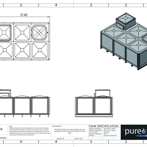 PW.3X2X1.IFB.AB - 6000 LITRE SECTIONAL WATER TANK, INTERNALLY FLANGED BASE (IFB) C/W FVH