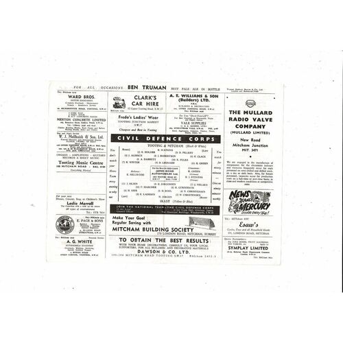 Tooting & Mitcham v Ikast Friendly Football Programme 1964/65