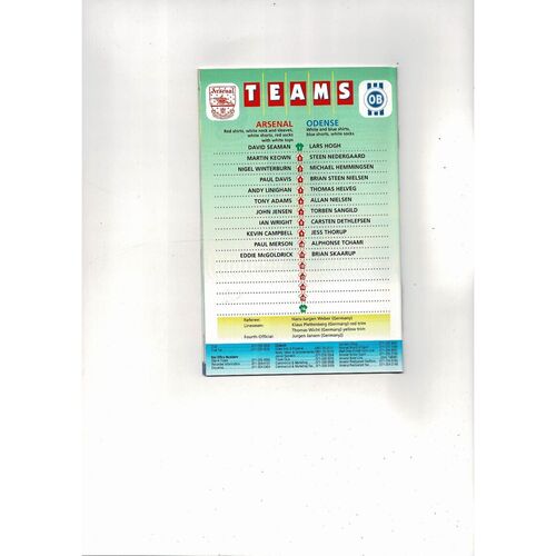 Arsenal v Odense European Cup Winners Cup Football Programme 1993/94