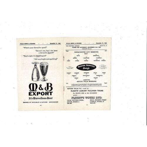 Aston Villa v Manchester City Central League Football Programme 1963/64